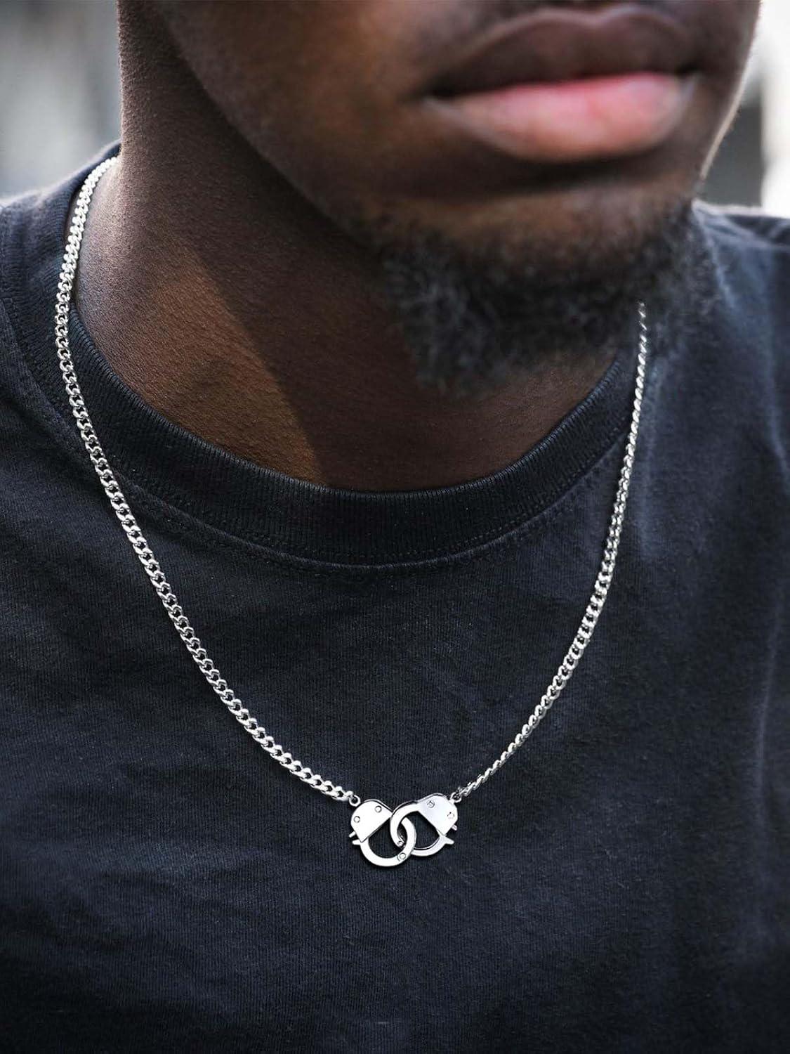 imageChainsHouse Handcuff Necklace Mens Stainless Steel Padlock Pendant 18K Gold PlatedBlack Cuban Chain Interlocking 18inch Mens Biker Punk Rocker Statement Jewelry for WomenA SteelCustom