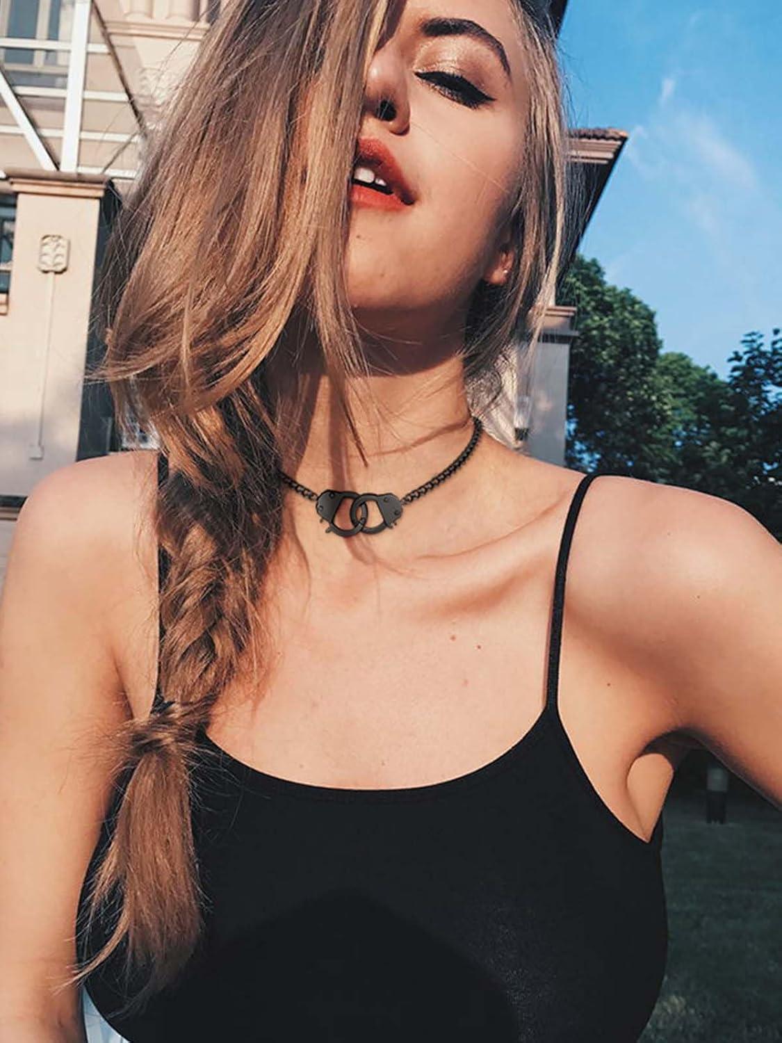 imageChainsHouse Handcuff Necklace Mens Stainless Steel Padlock Pendant 18K Gold PlatedBlack Cuban Chain Interlocking 18inch Mens Biker Punk Rocker Statement Jewelry for WomenB BlackCustom