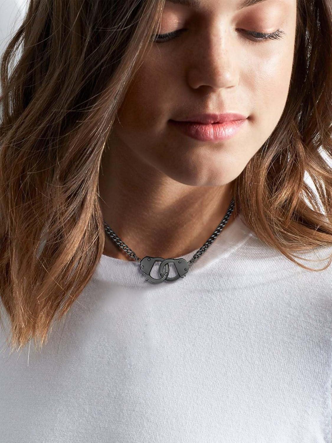 imageChainsHouse Handcuff Necklace Mens Stainless Steel Padlock Pendant 18K Gold PlatedBlack Cuban Chain Interlocking 18inch Mens Biker Punk Rocker Statement Jewelry for WomenB Black