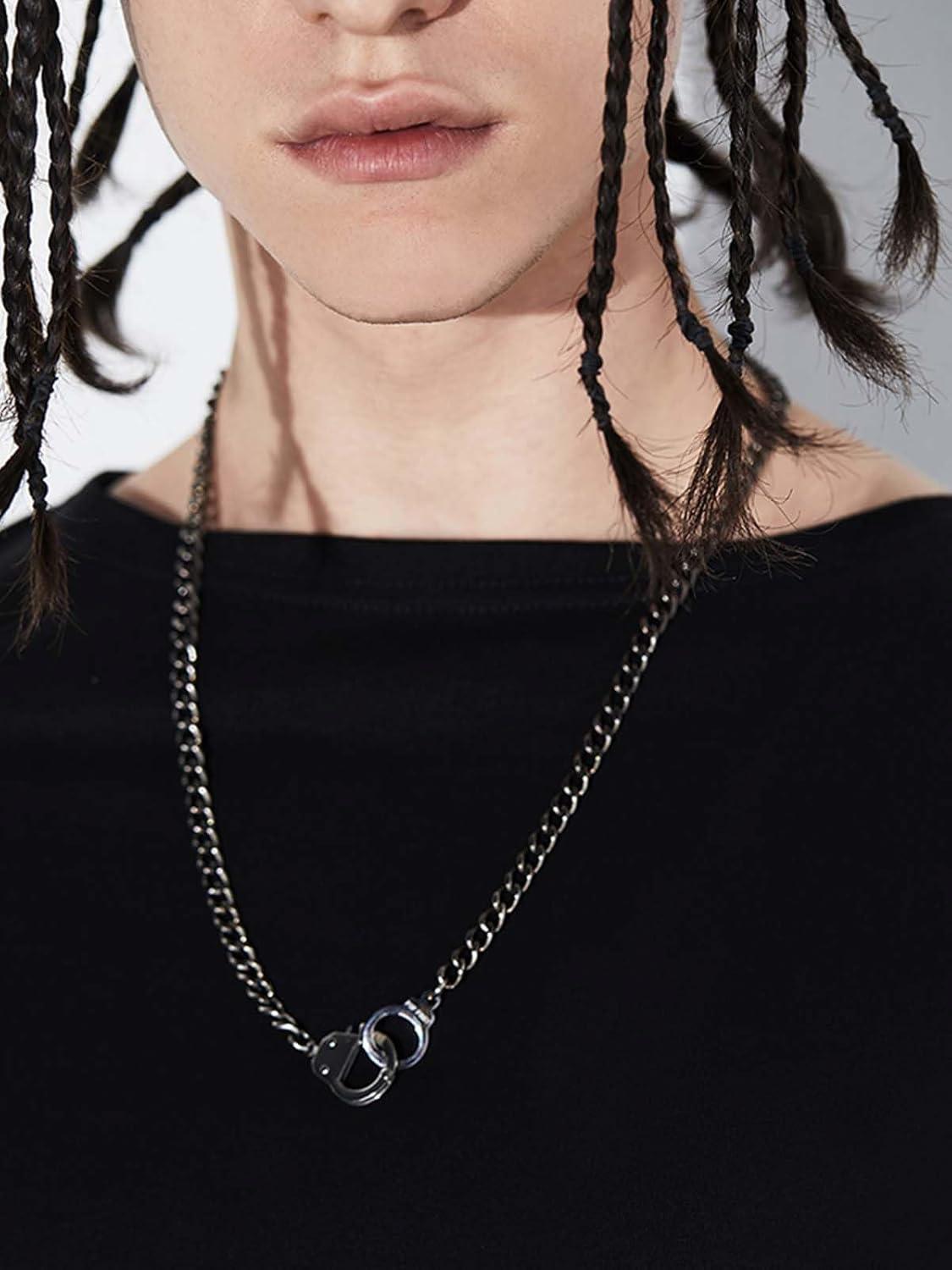 imageChainsHouse Handcuff Necklace Mens Stainless Steel Padlock Pendant 18K Gold PlatedBlack Cuban Chain Interlocking 18inch Mens Biker Punk Rocker Statement Jewelry for WomenB BlackCustom