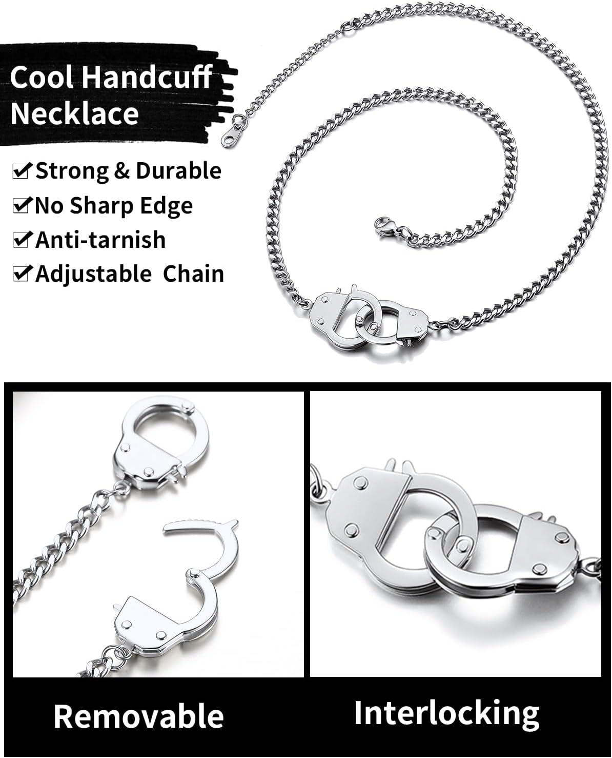 imageChainsHouse Handcuff Necklace Mens Stainless Steel Padlock Pendant 18K Gold PlatedBlack Cuban Chain Interlocking 18inch Mens Biker Punk Rocker Statement Jewelry for WomenA Steel