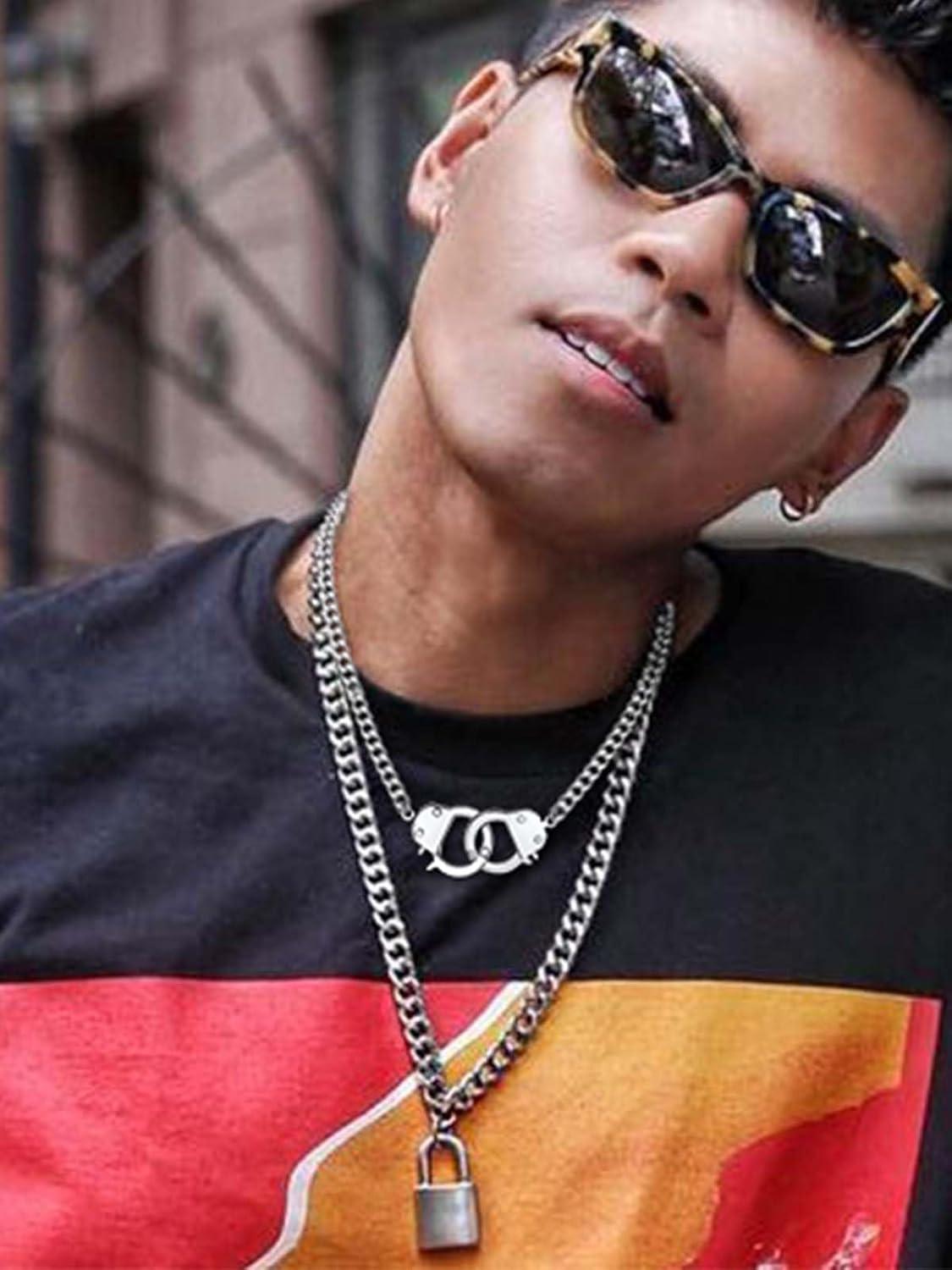 imageChainsHouse Handcuff Necklace Mens Stainless Steel Padlock Pendant 18K Gold PlatedBlack Cuban Chain Interlocking 18inch Mens Biker Punk Rocker Statement Jewelry for WomenA Steel