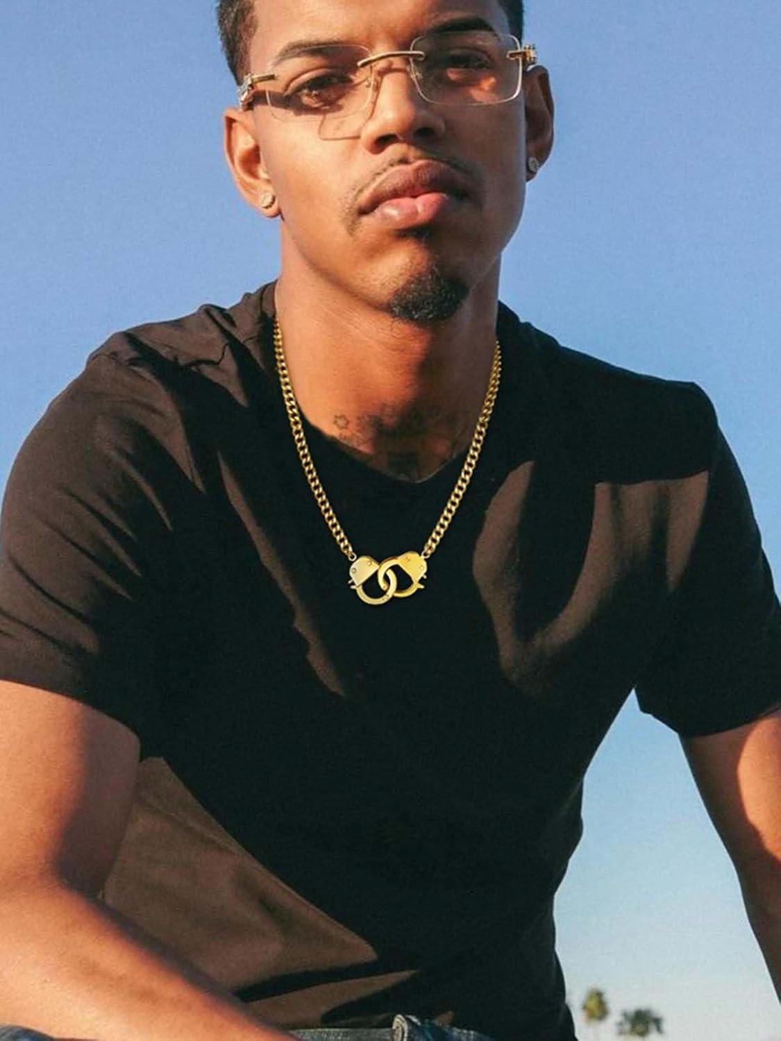 imageChainsHouse Handcuff Necklace Mens Stainless Steel Padlock Pendant 18K Gold PlatedBlack Cuban Chain Interlocking 18inch Mens Biker Punk Rocker Statement Jewelry for WomenC GoldCustom