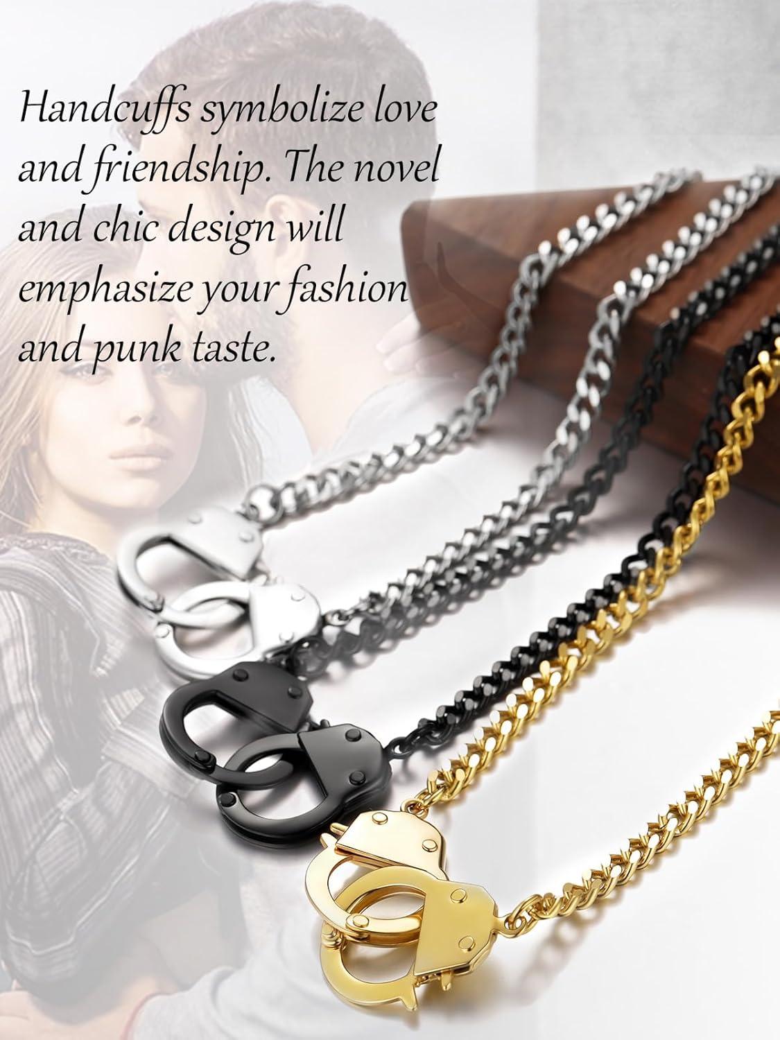 imageChainsHouse Handcuff Necklace Mens Stainless Steel Padlock Pendant 18K Gold PlatedBlack Cuban Chain Interlocking 18inch Mens Biker Punk Rocker Statement Jewelry for WomenA Steel