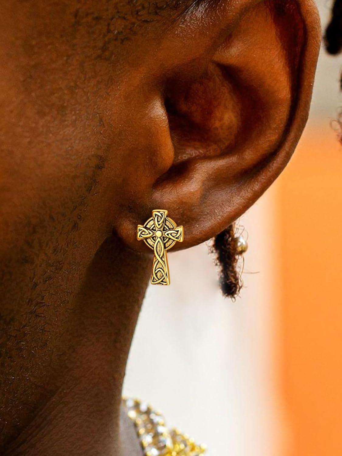 imageChainsHouse Viking Earrings for Men Raven SkullCeltic Cross Ear Studs Stainless SteelBlackGold Plated Punk Gothic Earrings Lightweight Hypoallergenic Stud Jewelry with Gift BoxCCeltic CrossGold