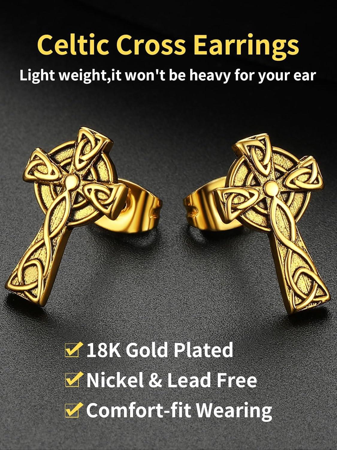 imageChainsHouse Viking Earrings for Men Raven SkullCeltic Cross Ear Studs Stainless SteelBlackGold Plated Punk Gothic Earrings Lightweight Hypoallergenic Stud Jewelry with Gift BoxCCeltic CrossGold