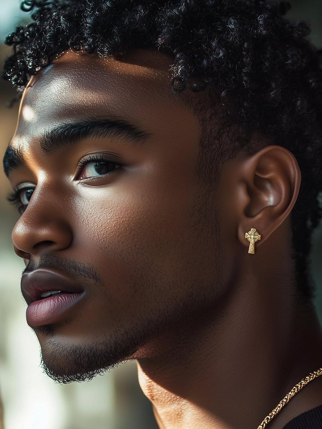 imageChainsHouse Viking Earrings for Men Raven SkullCeltic Cross Ear Studs Stainless SteelBlackGold Plated Punk Gothic Earrings Lightweight Hypoallergenic Stud Jewelry with Gift BoxCCeltic CrossGold