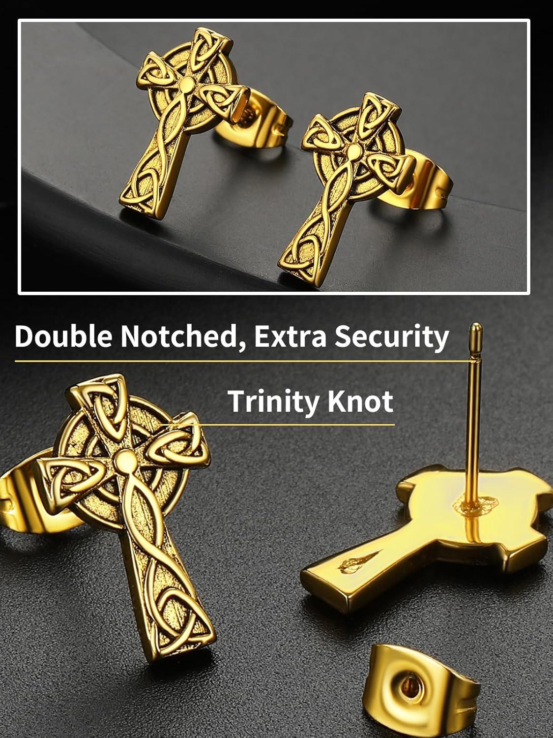 imageChainsHouse Viking Earrings for Men Raven SkullCeltic Cross Ear Studs Stainless SteelBlackGold Plated Punk Gothic Earrings Lightweight Hypoallergenic Stud Jewelry with Gift BoxCCeltic CrossGold