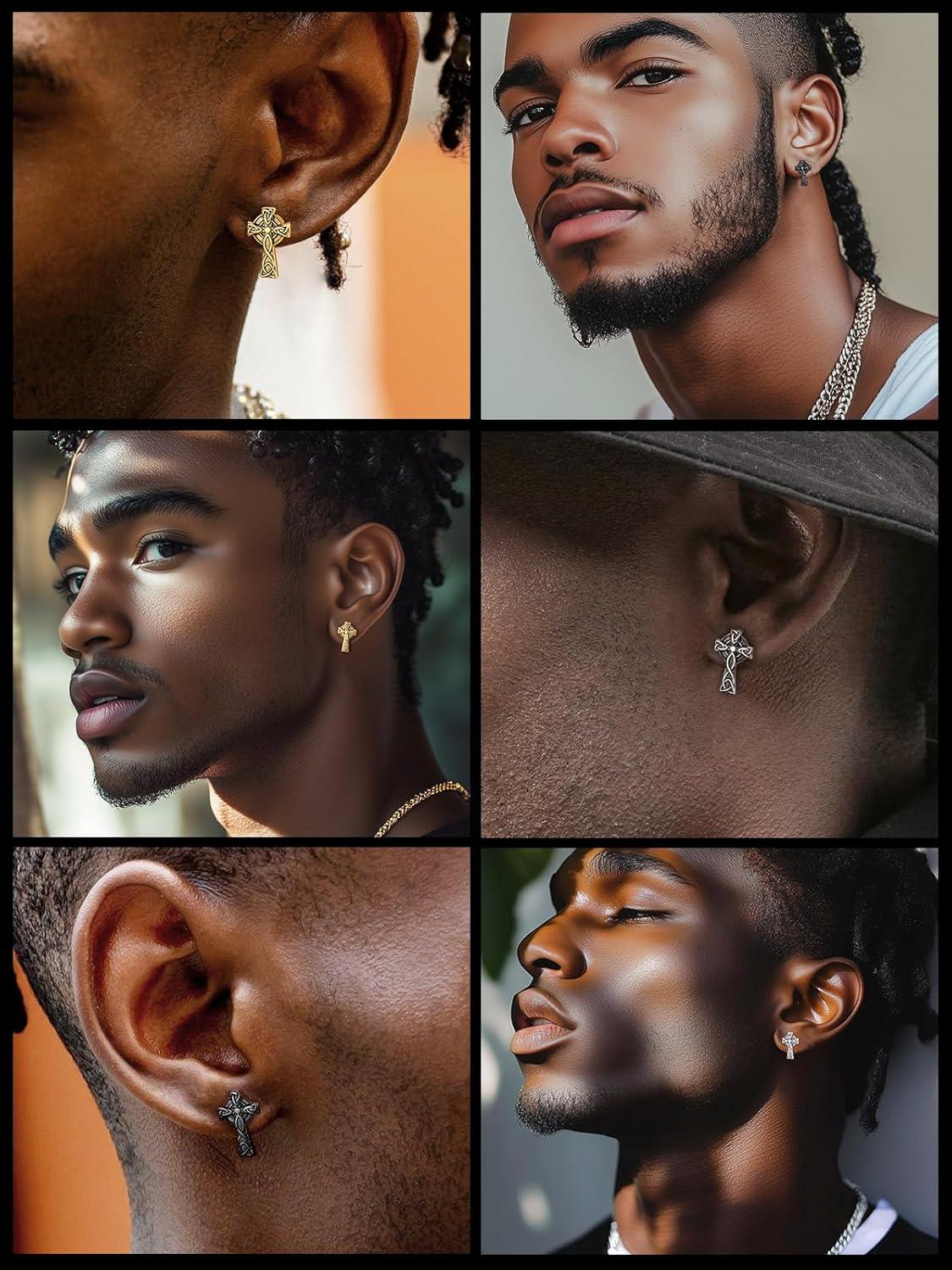 imageChainsHouse Viking Earrings for Men Raven SkullCeltic Cross Ear Studs Stainless SteelBlackGold Plated Punk Gothic Earrings Lightweight Hypoallergenic Stud Jewelry with Gift BoxCCeltic CrossGold