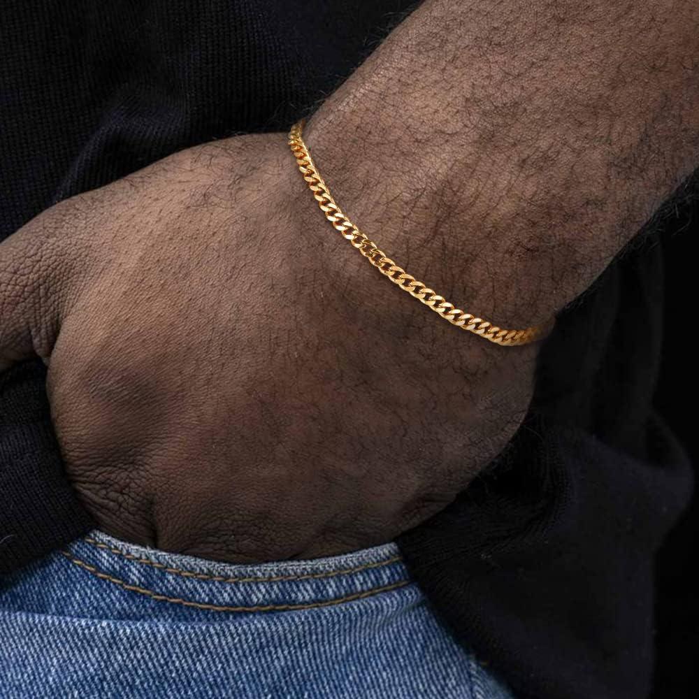 imageTRUMIUM 18k Gold Plated Link Chain Bracelets for Men Women 3mm DiamondCut Mens Gold Cuban Chain Length 789 inches3mm Cuban Chain Length 8 inches