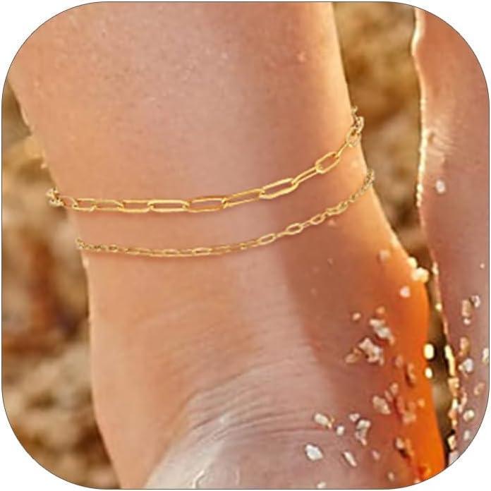 imageChainsHouse Ankle Bracelets for Women Stainless Steel Chain Anklets Waterproof Women Summer Beach Jewelry Gift Come with Box02 2Pcs23mmPaperclip14K Gold