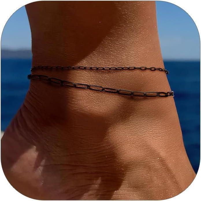 imageChainsHouse Ankle Bracelets for Women Stainless Steel Chain Anklets Waterproof Women Summer Beach Jewelry Gift Come with Box02 2Pcs23mmPaperclipBlack