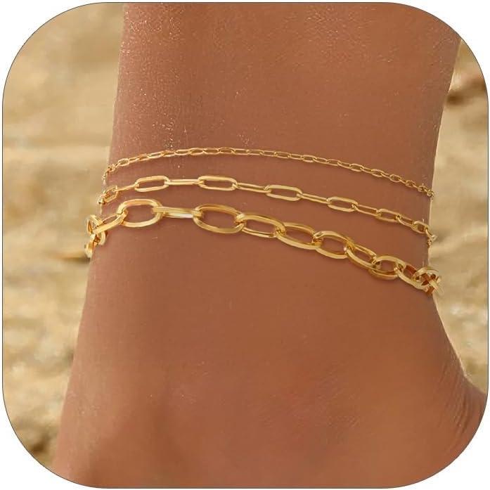 imageChainsHouse Ankle Bracelets for Women Stainless Steel Chain Anklets Waterproof Women Summer Beach Jewelry Gift Come with Box03 3Pcs236mmPaperclip14K Gold