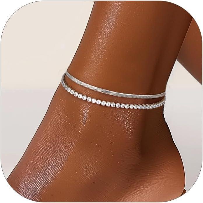 imageChainsHouse Ankle Bracelets for Women Stainless Steel Chain Anklets Waterproof Women Summer Beach Jewelry Gift Come with Box05 2pcs3mmCZ SnakeSteel