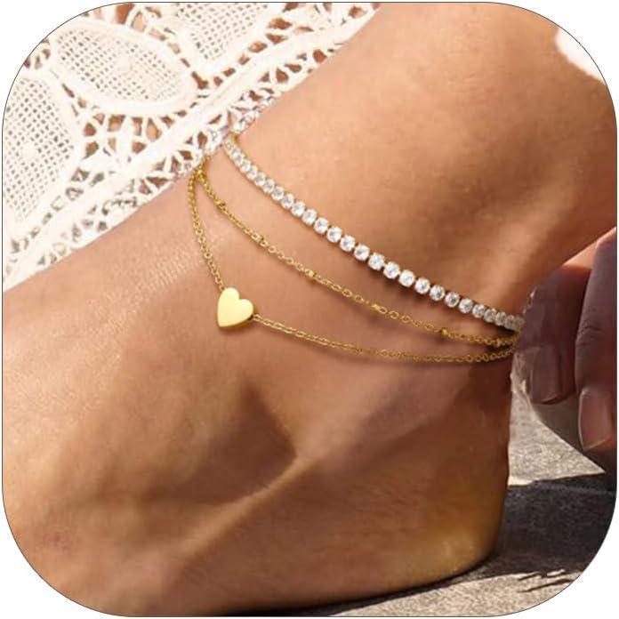 imageChainsHouse Ankle Bracelets for Women Stainless Steel Chain Anklets Waterproof Women Summer Beach Jewelry Gift Come with Box06 2pcs CZ HeartGold