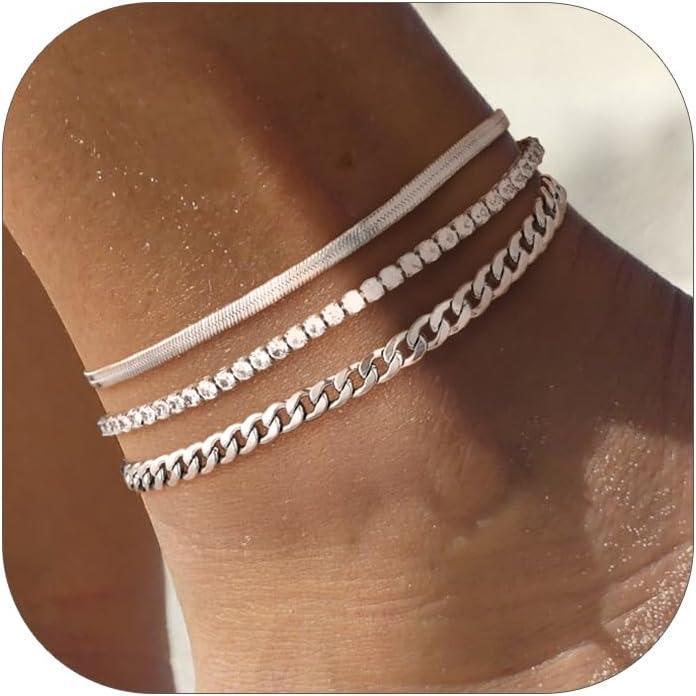imageChainsHouse Ankle Bracelets for Women Stainless Steel Chain Anklets Waterproof Women Summer Beach Jewelry Gift Come with Box08 3pcs CZ CubanSteel
