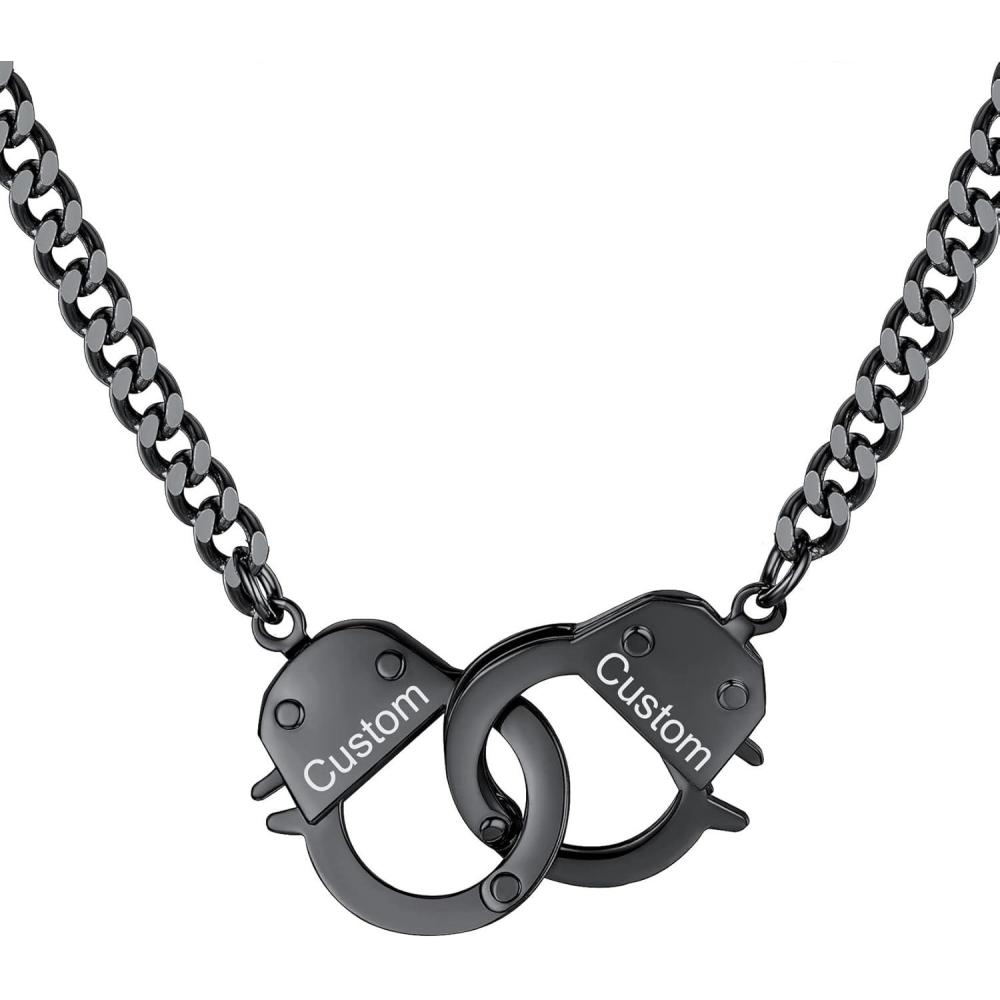 imageChainsHouse Handcuff Necklace Mens Stainless Steel Padlock Pendant 18K Gold PlatedBlack Cuban Chain Interlocking 18inch Mens Biker Punk Rocker Statement Jewelry for WomenB BlackCustom