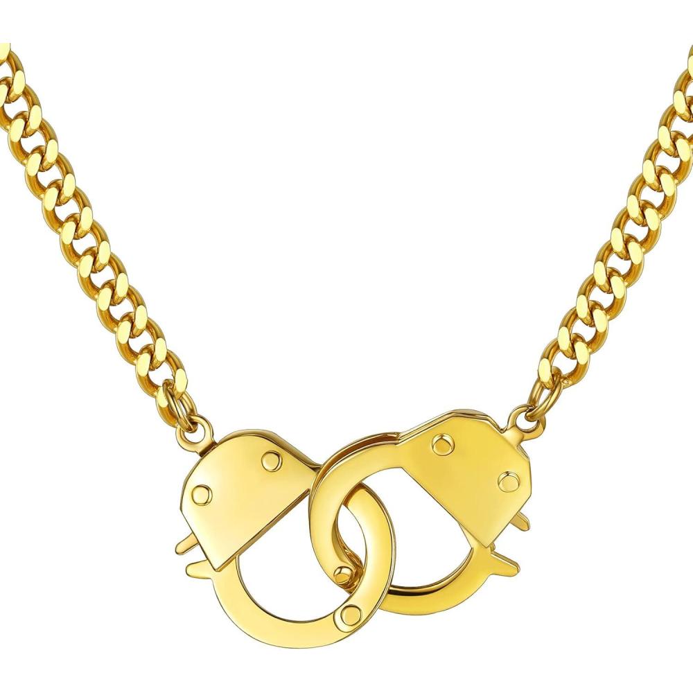 imageChainsHouse Handcuff Necklace Mens Stainless Steel Padlock Pendant 18K Gold PlatedBlack Cuban Chain Interlocking 18inch Mens Biker Punk Rocker Statement Jewelry for WomenC Gold