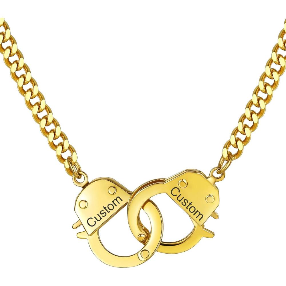 imageChainsHouse Handcuff Necklace Mens Stainless Steel Padlock Pendant 18K Gold PlatedBlack Cuban Chain Interlocking 18inch Mens Biker Punk Rocker Statement Jewelry for WomenC GoldCustom