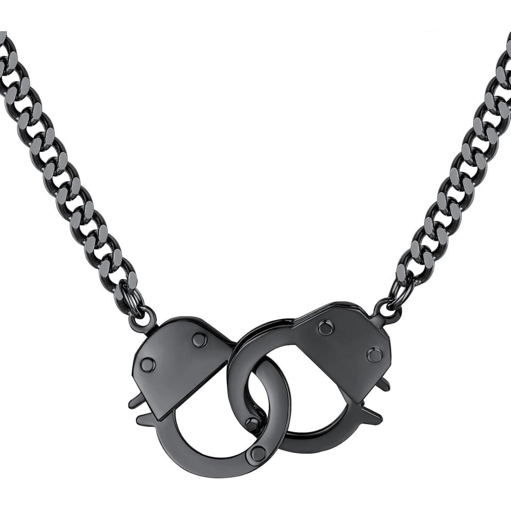 imageChainsHouse Handcuff Necklace Mens Stainless Steel Padlock Pendant 18K Gold PlatedBlack Cuban Chain Interlocking 18inch Mens Biker Punk Rocker Statement Jewelry for WomenB Black