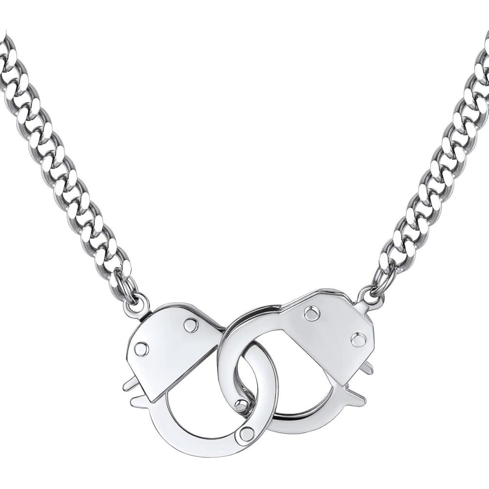 imageChainsHouse Handcuff Necklace Mens Stainless Steel Padlock Pendant 18K Gold PlatedBlack Cuban Chain Interlocking 18inch Mens Biker Punk Rocker Statement Jewelry for WomenA Steel