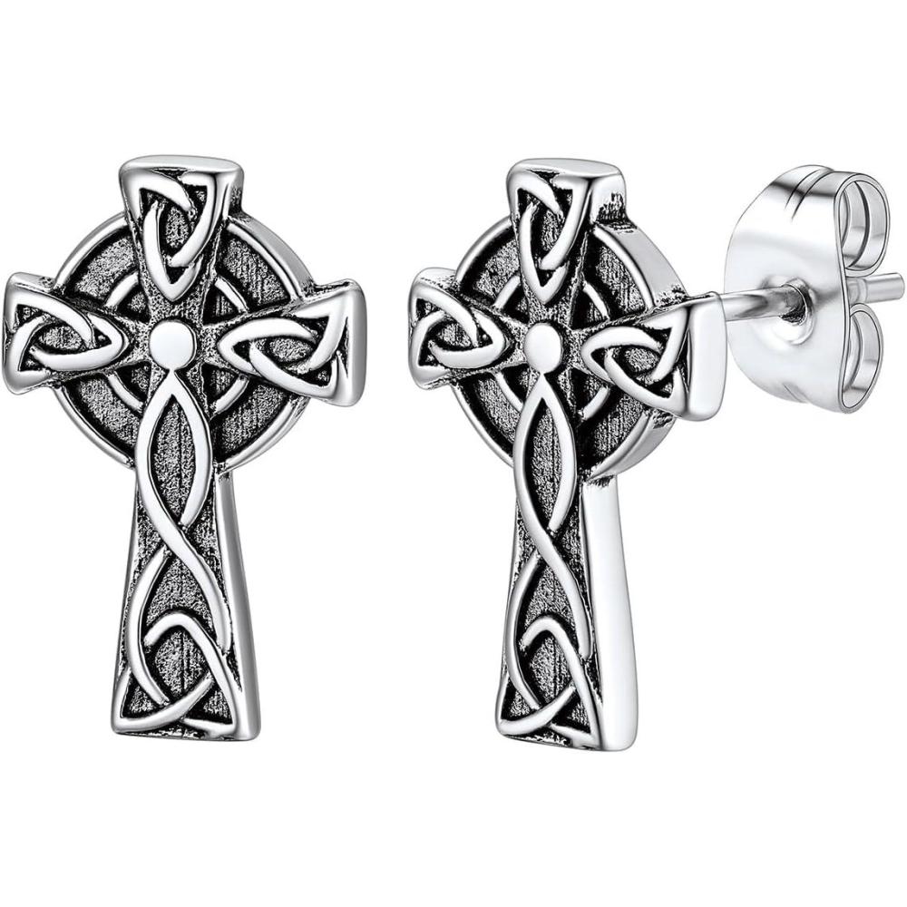 imageChainsHouse Viking Earrings for Men Raven SkullCeltic Cross Ear Studs Stainless SteelBlackGold Plated Punk Gothic Earrings Lightweight Hypoallergenic Stud Jewelry with Gift BoxCCeltic CrossSteel