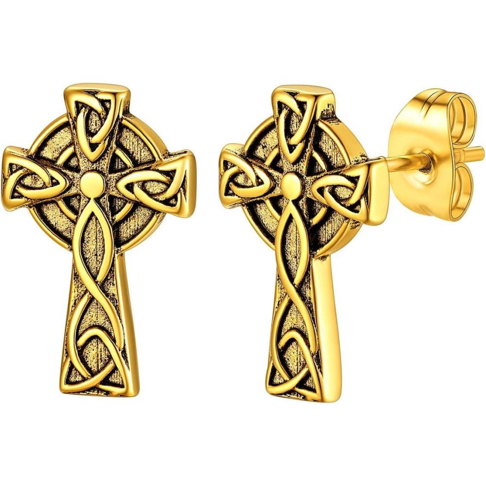 imageChainsHouse Viking Earrings for Men Raven SkullCeltic Cross Ear Studs Stainless SteelBlackGold Plated Punk Gothic Earrings Lightweight Hypoallergenic Stud Jewelry with Gift BoxCCeltic CrossGold