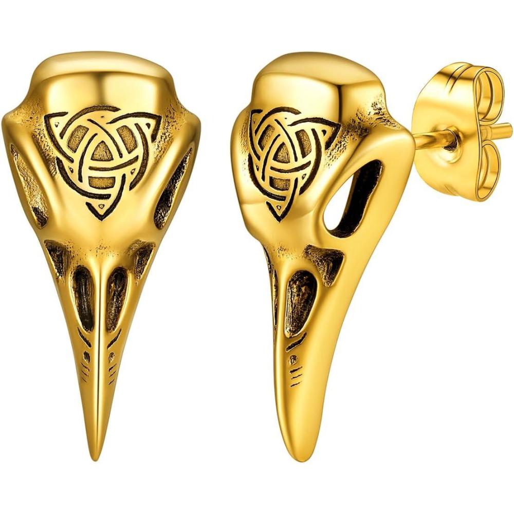 imageChainsHouse Viking Earrings for Men Raven SkullCeltic Cross Ear Studs Stainless SteelBlackGold Plated Punk Gothic Earrings Lightweight Hypoallergenic Stud Jewelry with Gift BoxARaven SkullGold