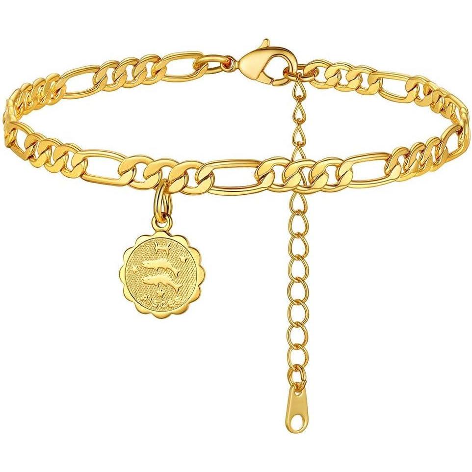 imageGold Anklet Chain Barefoot for Women 45mm Charm Boho Beach Foot Chains Jewelry Pisces Constellation Figaro Ankle