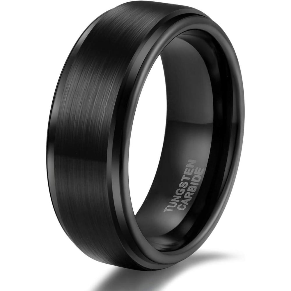 imageTRUMIUM 4mm 6mm 8mm Tungsten Rings for Men Women Silver Blue Rose Gold Plated Black Tungsten Wedding Band Matte Brushed Finish Comfort Fit Size 4158mm Black Step Edge