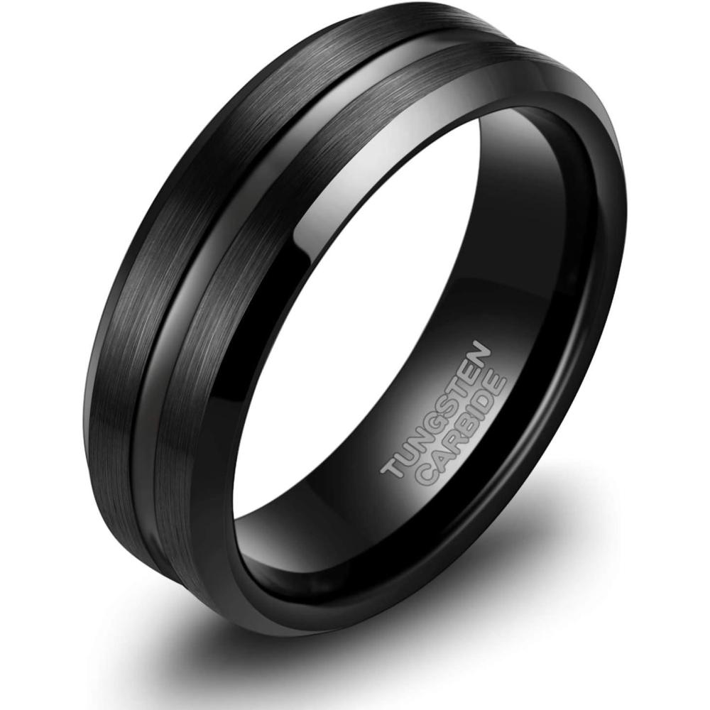 imageTRUMIUM 8mm Mens Wedding Ring Tungsten Centre Groove Beveled Edge Matte Brushed Comfort Fit Size 6148mm Black