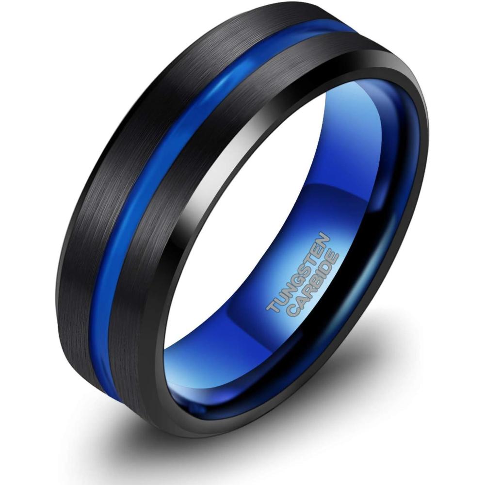 imageTRUMIUM 8mm Mens Wedding Ring Tungsten Centre Groove Beveled Edge Matte Brushed Comfort Fit Size 6148mm Blue Black