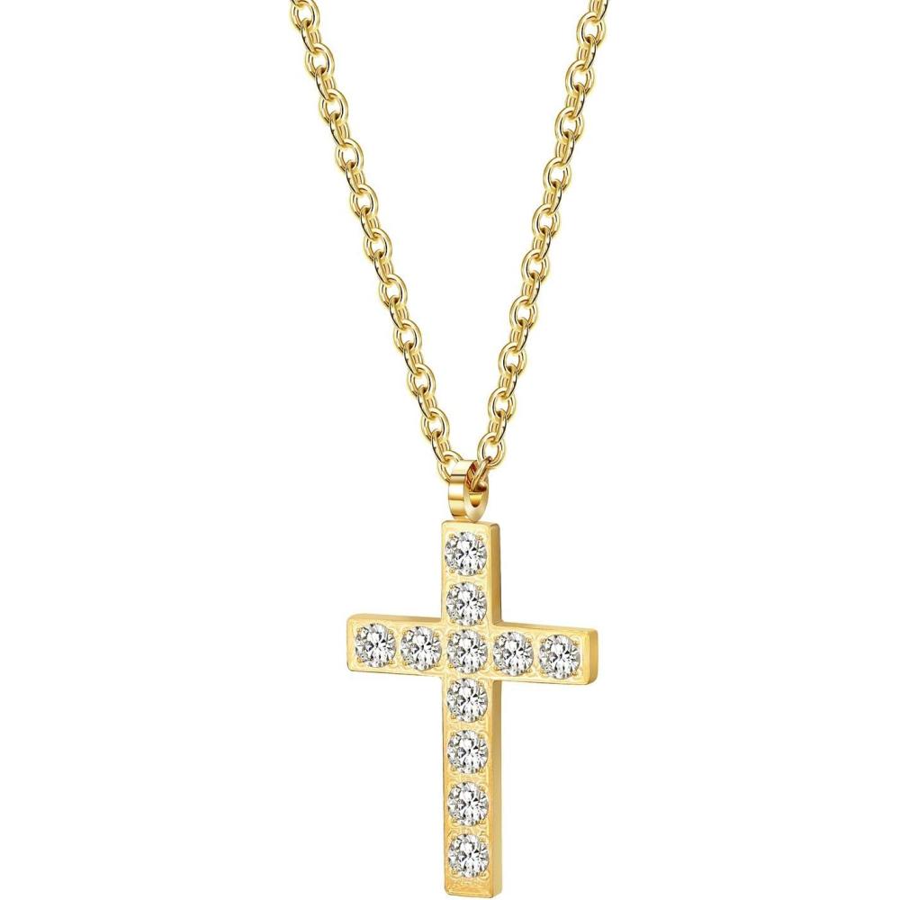imageTRUMIUM Cross Necklace for Men Women 14K 18K Gold Silver Plated Cubic Zirconia Christian Faith Pendant Necklaces Everyday Jewelry with 5cm Chain ExtendersCross Flat Type