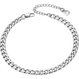ChainsHouse Ankle Bracelets for Women, Stainless Steel Beaded Chain Ankle Bracelet, Womens Heart Anklets for Summer Beach Jewelry Gifts(B: cuban-5mm-stainless)