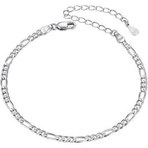 ChainsHouse Ankle Bracelets for Women, Stainless Steel Beaded Chain Ankle Bracelet, Womens Heart Anklets for Summer Beach Jewelry Gifts(D: figaro-3mm-sterling silver)