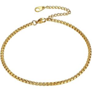 ChainsHouse Ankle Bracelets for Women, Stainless Steel Beaded Chain Ankle Bracelet, Womens Heart Anklets for Summer Beach Jewelry Gifts(H: box-3mm-gold)