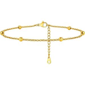 ChainsHouse Ankle Bracelets for Women, Stainless Steel Beaded Chain Ankle Bracelet, Womens Heart Anklets for Summer Beach Jewelry Gifts(J: bead-3.5mm-gold plated)