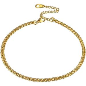 ChainsHouse Ankle Bracelets for Women, Stainless Steel Beaded Chain Ankle Bracelet, Womens Heart Anklets for Summer Beach Jewelry Gifts(N: wheat-3mm-gold)