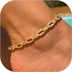 ChainsHouse Ankle Bracelets for Women, Stainless Steel Chain Anklets Waterproof, Women Summer Beach Jewelry Gift, Come with Box(01. 1Pcs-(6mm)-Paperclip-14K Gold)