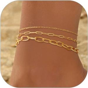 ChainsHouse Ankle Bracelets for Women, Stainless Steel Chain Anklets Waterproof, Women Summer Beach Jewelry Gift, Come with Box(03. 3Pcs-(2+3+6mm)-Paperclip-14K Gold)