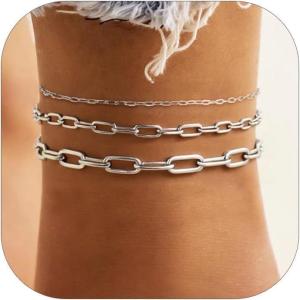 ChainsHouse Ankle Bracelets for Women, Stainless Steel Chain Anklets Waterproof, Women Summer Beach Jewelry Gift, Come with Box(03. 3Pcs-(2+3+6mm)-Paperclip-Steel)