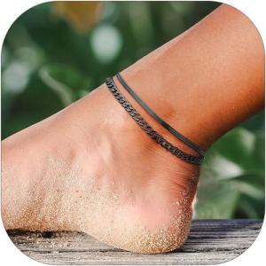 ChainsHouse Ankle Bracelets for Women, Stainless Steel Chain Anklets Waterproof, Women Summer Beach Jewelry Gift, Come with Box(04. 2pcs-(3+5mm)-Snake Cuban-Black)