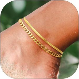ChainsHouse Ankle Bracelets for Women, Stainless Steel Chain Anklets Waterproof, Women Summer Beach Jewelry Gift, Come with Box(04. 2pcs-(3+5mm)-Snake Cuban-Gold)
