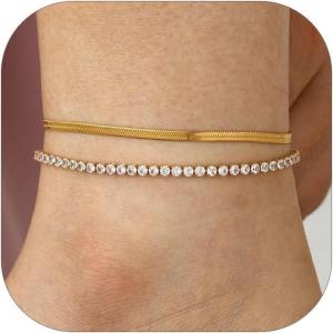 ChainsHouse Ankle Bracelets for Women, Stainless Steel Chain Anklets Waterproof, Women Summer Beach Jewelry Gift, Come with Box(05. 2pcs-(3mm)-CZ Snake-Gold)