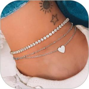 ChainsHouse Ankle Bracelets for Women, Stainless Steel Chain Anklets Waterproof, Women Summer Beach Jewelry Gift, Come with Box(06. 2pcs CZ Heart-Steel)