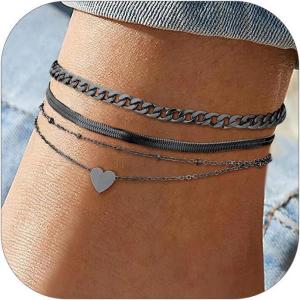 ChainsHouse Ankle Bracelets for Women, Stainless Steel Chain Anklets Waterproof, Women Summer Beach Jewelry Gift, Come with Box(07. 3pcs Cuban Heart-Black)