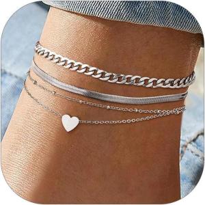 ChainsHouse Ankle Bracelets for Women, Stainless Steel Chain Anklets Waterproof, Women Summer Beach Jewelry Gift, Come with Box(07. 3pcs Cuban Heart-Steel)