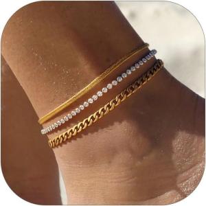 ChainsHouse Ankle Bracelets for Women, Stainless Steel Chain Anklets Waterproof, Women Summer Beach Jewelry Gift, Come with Box(08. 3pcs CZ Cuban-Gold)