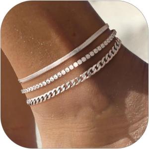 ChainsHouse Ankle Bracelets for Women, Stainless Steel Chain Anklets Waterproof, Women Summer Beach Jewelry Gift, Come with Box(08. 3pcs CZ Cuban-Steel)