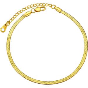 ChainsHouse Ankle Bracelets for Women, Stainless Steel Chain Anklets Waterproof, Women Summer Beach Jewelry Gift, Come with Box(09. 3mm-Herringbone-Gold)